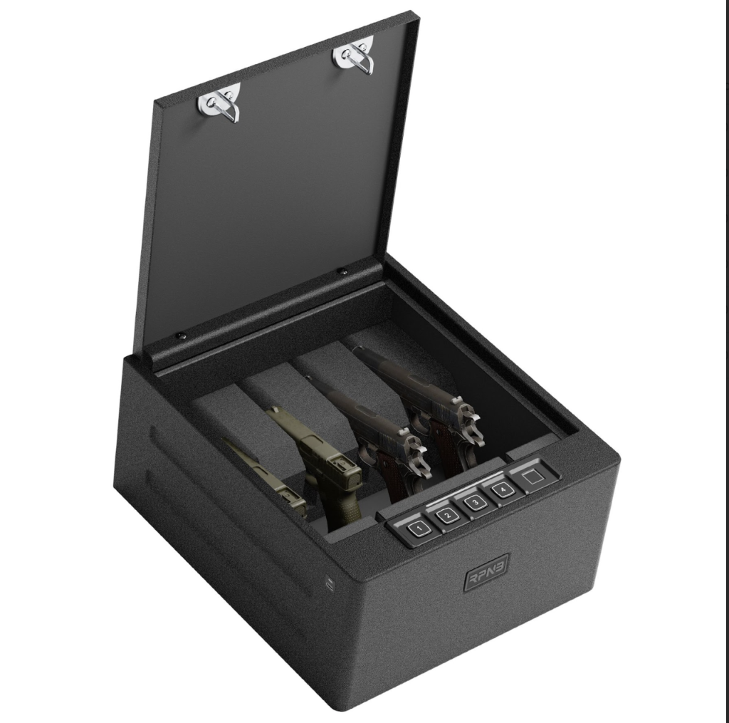 A black gun safe with the top open, showing several handguns neatly arranged inside. The safe has a numeric keypad on the front for security access.